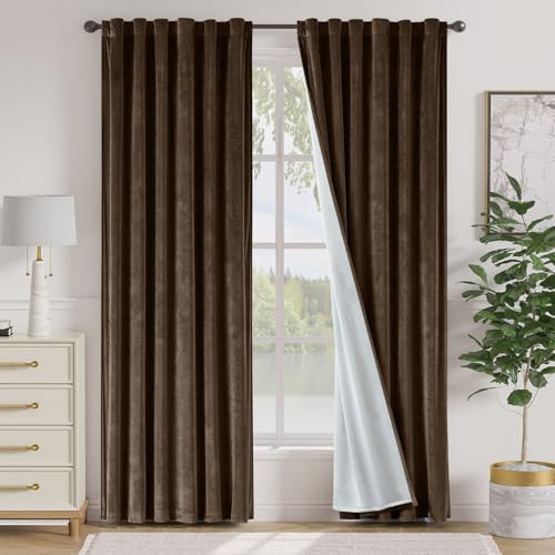 Image of Truffle Velvet Curtains Quiet Luxury Back Tab 52x90 Inch 2 Panels | Soft Velvet, Blackout, Lined, For Bedroom & Living Space, Light Shifting Texture, Elegant Drape, Rod Pocket, Luxury