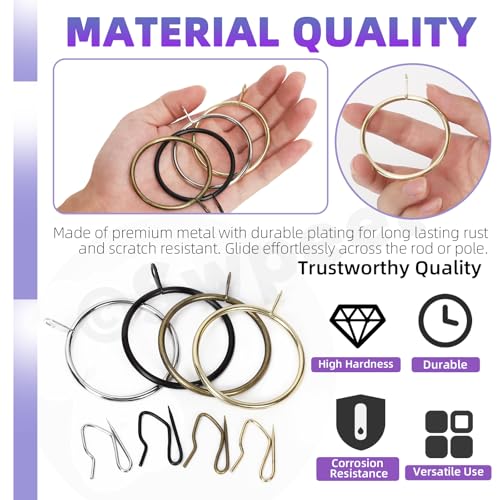 Swpeet 60Pcs 43mm/1.7" Inner Diameter Black Metal Curtain Ring with Pin-on Drapery Hooks Assortment Kit, Drape Sliding Eyelet Ring Metal Curtain Hooks, for Window Door Shower Curtain by Swpeet - Image 3