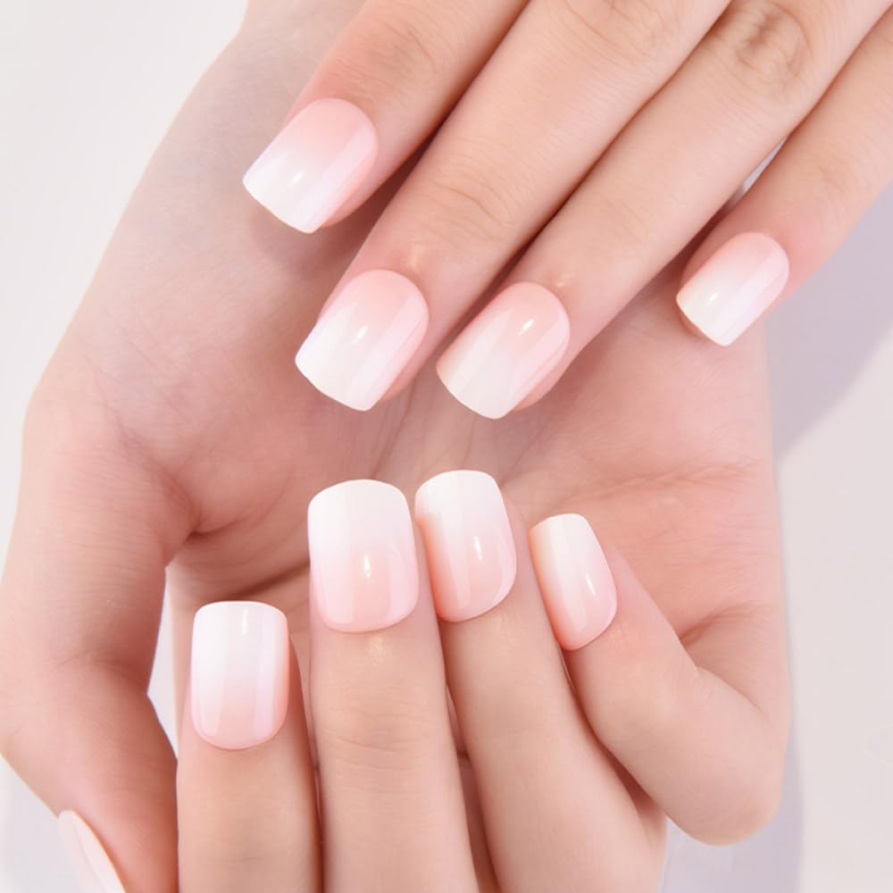 evpct Ombre Glossy Press on Nails Short Square, Nude to White Glossy Fake Nails Reusable, Acrylic False Nail Stick on Press ons for Women Gifts, Color