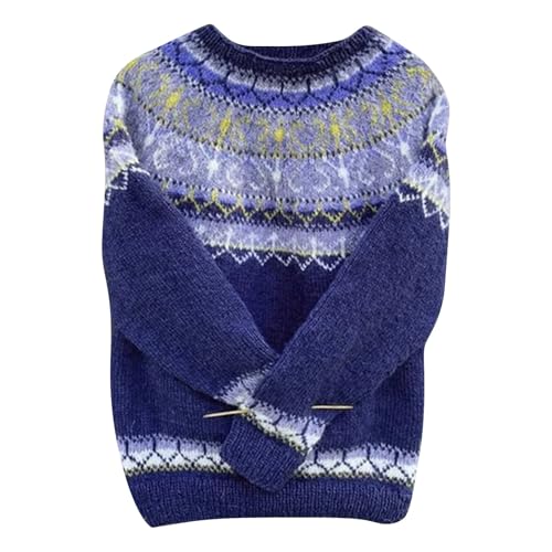 Women Casual Knitted Sweater Retro Colorful Fair Isle Long Sleeve Jumper Trendy Loose Warm Winter Tunic Top Plus Size