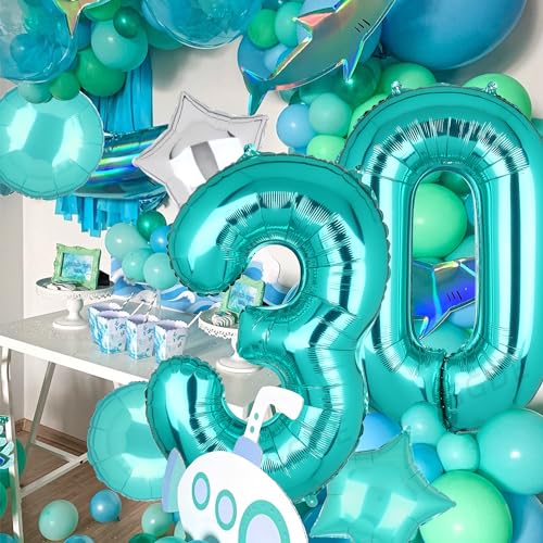 Image of Teal Blue Number 30 Balloons 40 Inch 30th Birthday Anniversary Theme 5 Pcs | Big Helium Mylar Digital Balloon Mermaid Wedding Party Decor Supplies