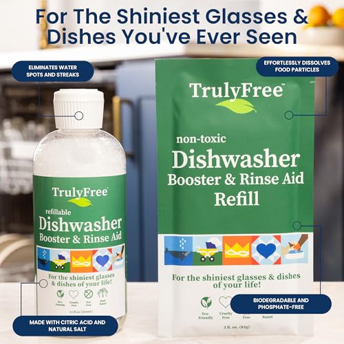 truly free natural dishwasher booster amp rinse aid - non-toxic dishwashing aid formula removes residue amp tough dish stains water spot remover - includes 1 reusable empty 12 oz bottle amp 1 refill