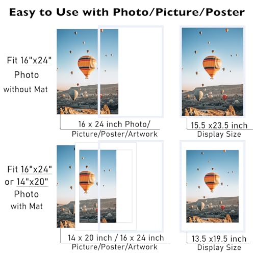 Image of JCJMY 16x24 Picture Frame with Mat for Poster Photo and 40x60 cm Canvas, Display 14x20 with Mat or 16 x 24 without, Wood 16 by 24 Wall Gallery Poster Photo Frame, White