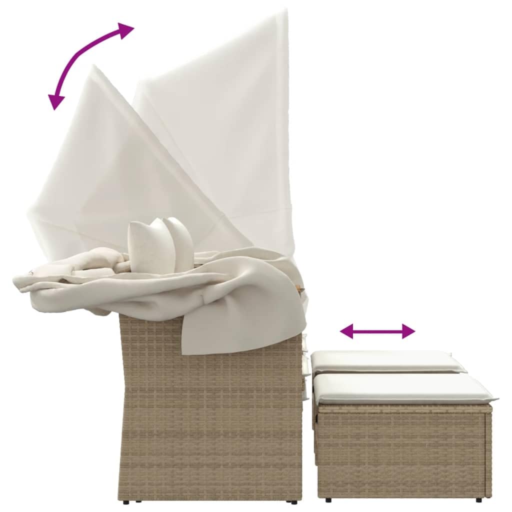 vidaXL Gartensofa 2-Sitzer, Outdoor Sofa mit Sonnendach, Terrassensofa mit Hockern, Gartenmöbel Sofagarnitur Gartengarnitur, Beige Poly Rattan