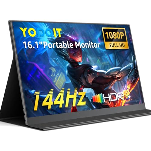 Yodoit 144Hz Portable Monitor, 16,1 Zoll 1920×1080P FHD Bildschirm mit hoher Bildwiederholrate, IPS-Display mit USB-Typ-C-Anschluss und integrierten Lautsprechern, mit Smart Cover, kompatibel mit PC 1