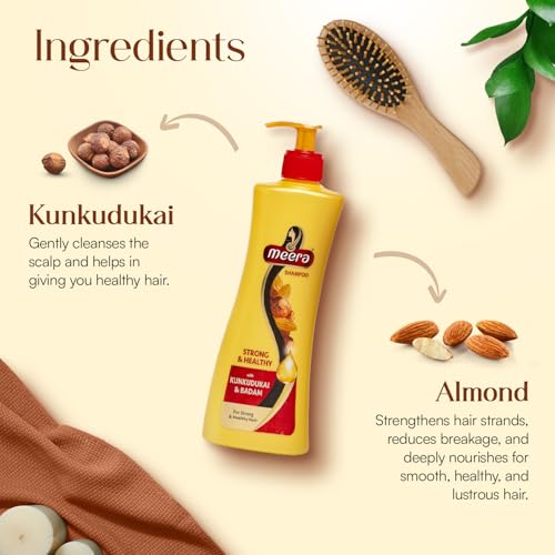 Image of Meera Strong and Healthy Shampoo, With Goodness Of Kunkudukai and Badam, For Men And Women, 340ml, Yellow (MSAM0340SNH02R)