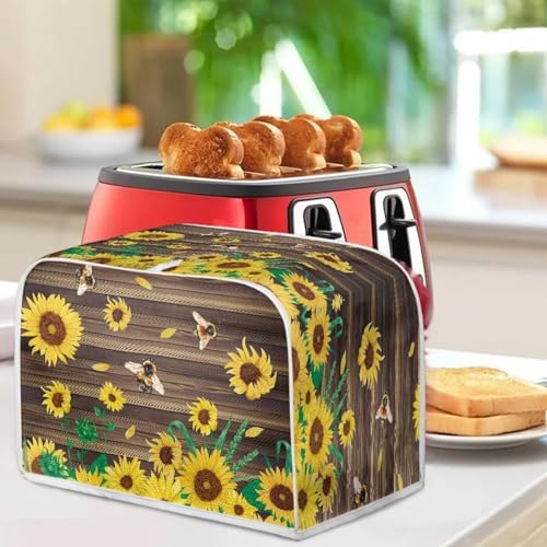 Image of Talayituse Sunflower Bee Wood Print 2 Slice Toaster Covers Dust Protection Bread Maker Covers Toaster Oven Cloth Cover Kitchen Accessories Washable Appliance Cover with Handle