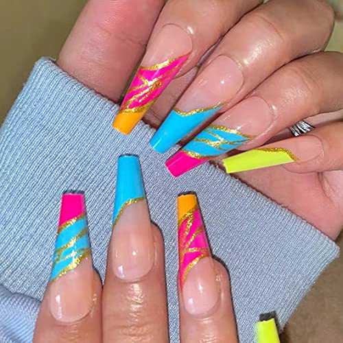 RikView Extra Long Rainbow Design Fake Nails Glossy Coffin Bling Press on Nails False Nails Full Cover Fake Nails for Women and Girls 24PCS/Set
