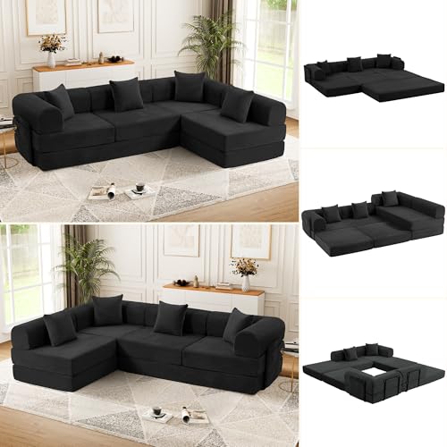 Image of 106 inch Modular Sectional Sofa Bed, L-Shaped Convertible Sleeper Sofa with Fixed-Shape Metal Frame, Oversized Corduroy Cloud Couch with Storage Pocket, No Assembly Couch for Living Room, Black