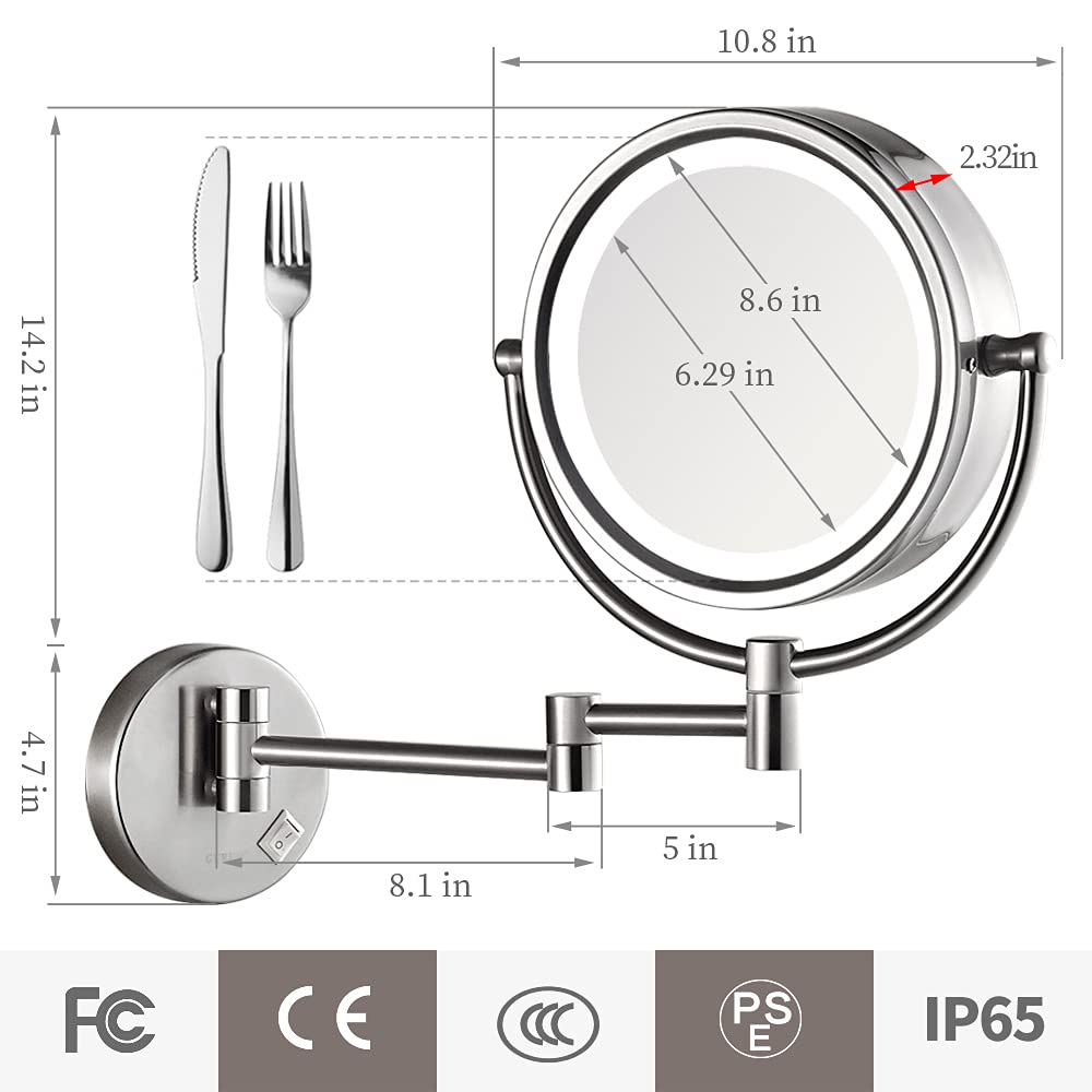 GURUN 8.5 Inch Magnifying Makeup Mirror with 3 Tones LED Lights,Double Sided Vanity Mirror with 7X Magnification,Plug Powered M1809DN (Brushed Nickel/7X)