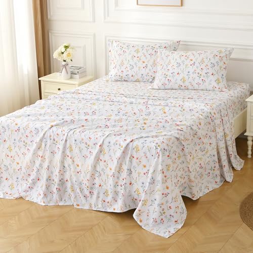 Image of Viviland Floral King Sheet Set - 4 Piece Vintage Botanical Flower and Leaves Patterned Bed Sheets - Soft, Breathable Microfiber Sheets with Deep Pocket, Non-Slip Fitted Sheets & Pillowcases