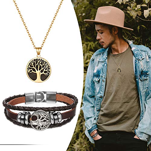 Cupimatch Men Tree Of Life Symbol Pendant Necklace Leather Bracelet, Stainless Steel 22 Inch Chian Jewelry Set (Brown) #TOP1