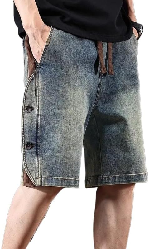 Men's Denim Shorts Casual Vintage Baggy Straight Leg Elastic Waist Drawstring Jeans Shorts for Men with Pockets