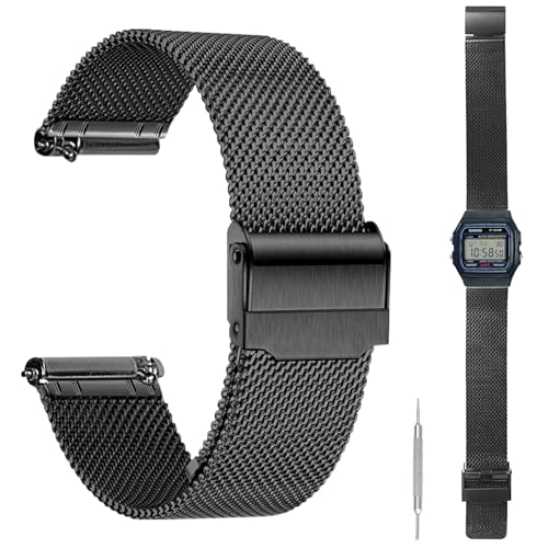 For CASIO 腕時計 F-91W 交換用バンド 【HVUYAL】 金属ベルト 脱着簡単 腕時計 F-91W 交換用 防錆 調節可能 男女兼用 交換工具 バネ棒付(ブラック)