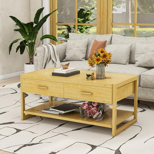 Edospaen Solid Wood Coffee Table with Storage Living Room Table