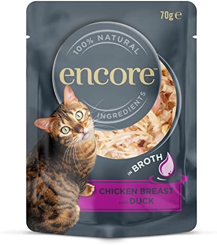 Encore 100% natürliches Premium Nassfutter für Katzen, Hühnchenbrust mit Ente in Brühe für erwachsene Katzen - Packung mit 16 x 70g Beuteln