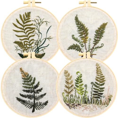 Image of Fern Botanical Embroidery Kits for Beginners Adults, Vintage Plant Embroidery Sets Needlepoint Kits, Stamped Cross Stitch Kits for Beginners Adult, 4 Embroidery Hoops, Fabric (Attached Video Tutorial)