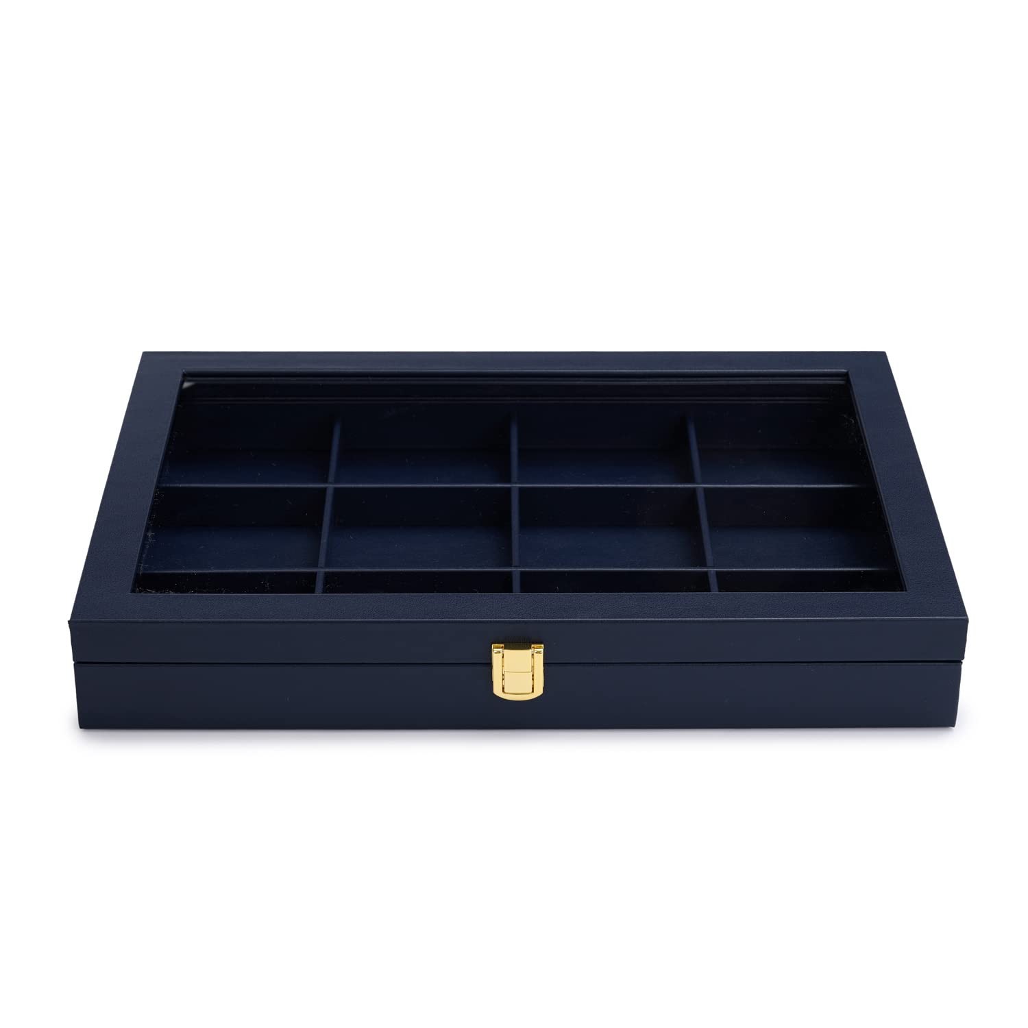 Bandeja Para Joyas 12 Compartimentos, Caja De Almacenamiento De Cuero Con Tapa Transparente - Joyero Con Cerradura Para Colgantes, Collares Y Joyas (azul)