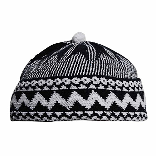 TheKufi® Black Cotton Blend Zigzag Beanie Kufi Hat with Ball on Top One-Size