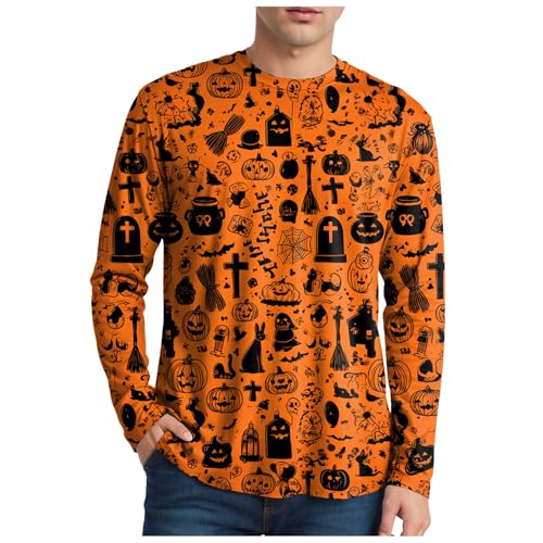 ハロウィン Tシャツ メンズ 長袖 おもしろ 丸首 面白い シャツ 大きいサイズ 仮装 衣装 ゆったり カボチャ かぼちゃ 幽霊 薄手トップス 個性的 派手 プルオーバー 文化祭 パーティ 余興 (Gold, M)