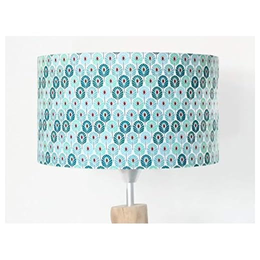 abat-jour mini Plumes de Paon vertes Luminaire diamètre personnalisé cylindre rond idée cadeau anniversaire décoration exotique tropical noël maison fait-main
