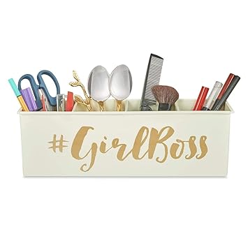 Elan Girlboss Desk Organizer, 4 Compartments, Pen & Makeup Stand (Off-White) - image, photos