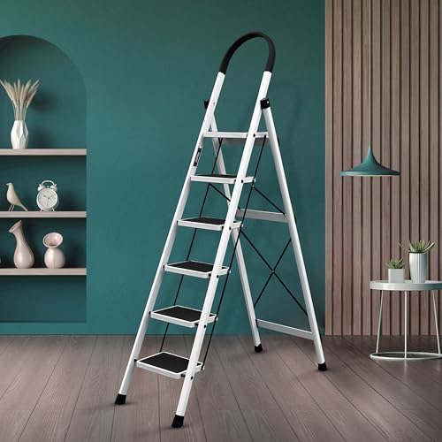 Plantex Ladder for Home/6 Step Steel Ladder with Minor Surface Marks from Transit, Fully Quality Checked/Anti-Skid Step Ladder/Assured by Plantex(Apex White)