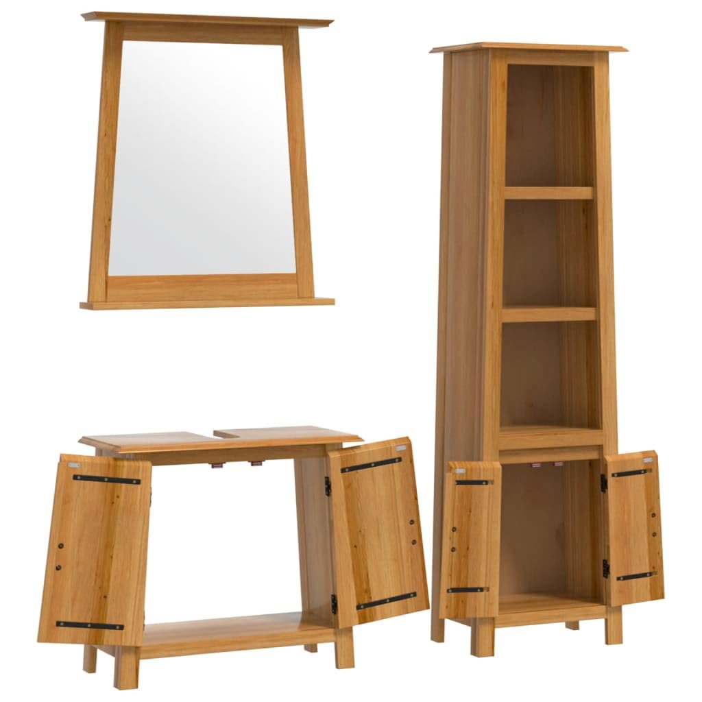 3-częściowy zestaw mebli łazienkowych z litego drewna sosnowego z lustrem i pojemnym schowkiem, organizer na przybory toaletowe, rustykalny design z metalowymi uchwytami