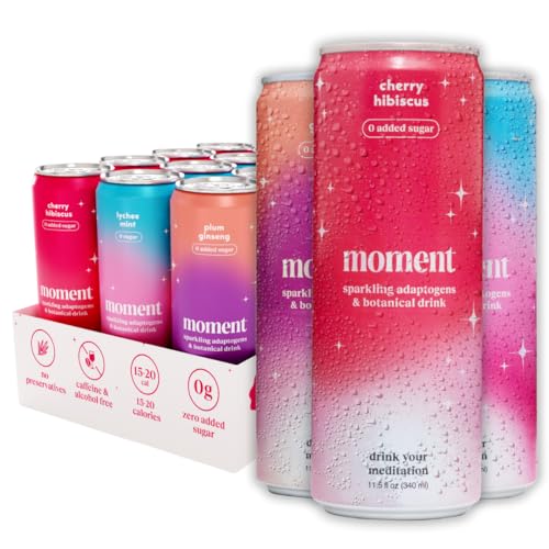 Moment Mocktails Non-Alcoholic Drinks (Shark Tank) - Calm, Clarity & Relaxation with L-Theanine & Ashwagandha - Sparkling Adaptogen Drink - 0 Sugar 0 Caffeine - 12 Pack 11.5 fl oz - Classics