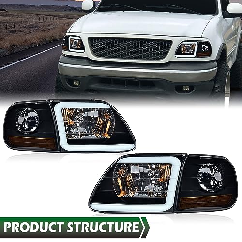 Image of GRAND ORANGE Lightning Style Headlights Assembly LED DRL strip Compatible with 1997-2002 Ford Expedition /1997-2004 F150 /1997-1999 F250 Smoke Lens Black Housing Amber Reflector