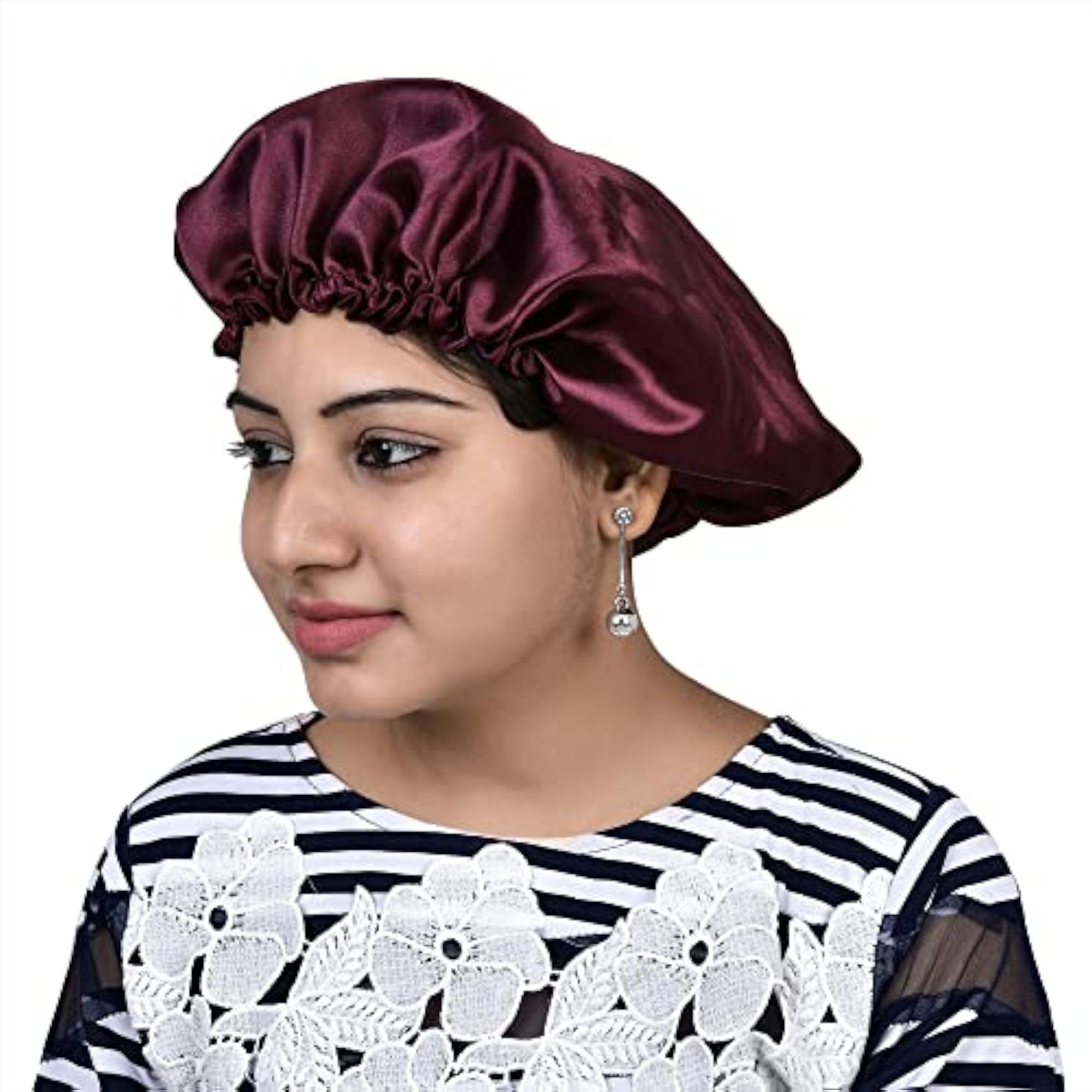 Satin Silk Premium Sleeping Cap, Double Layered Maroon Bonnet