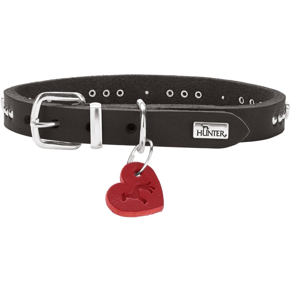 HUNTER Hundehalsband Aalborg Hearts, Farbe: schwarz, hochwertiges Softvollrindleder, weiches & Komfortables Tragegefühl, mit Nieten & Herz-Details, Herzanhänger, Made in Germany, Größe: 32