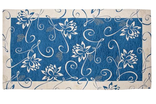 Tappeto Arredo Ninfea Fiori Colori Moderni Arredo Salotto Camera Passatoia Cucina Con Antiscivolo Made in Italy (Blu Mare, 65x115 cm)