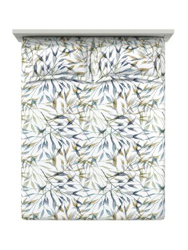 Image of DDECOR Live Beautiful 100% Cotton 145TC Leaves King Bedsheet with 2 Pillow Covers | Rotary Printed Breathable Fabric | 224 CM X 254 CM | Luxury Bedding for Home | Cresta Collection | Blue Shadow