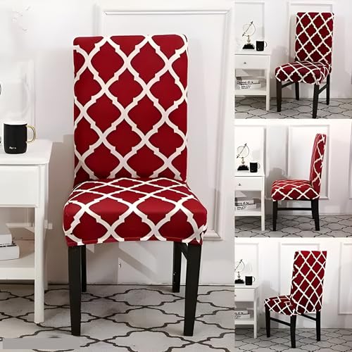 Image of Dining Chair Covers Set of 4, Stretchable Removable Washable Anti-Slip Universal Fit Printed Polyester Spandex Slipcovers (Red Diamond)