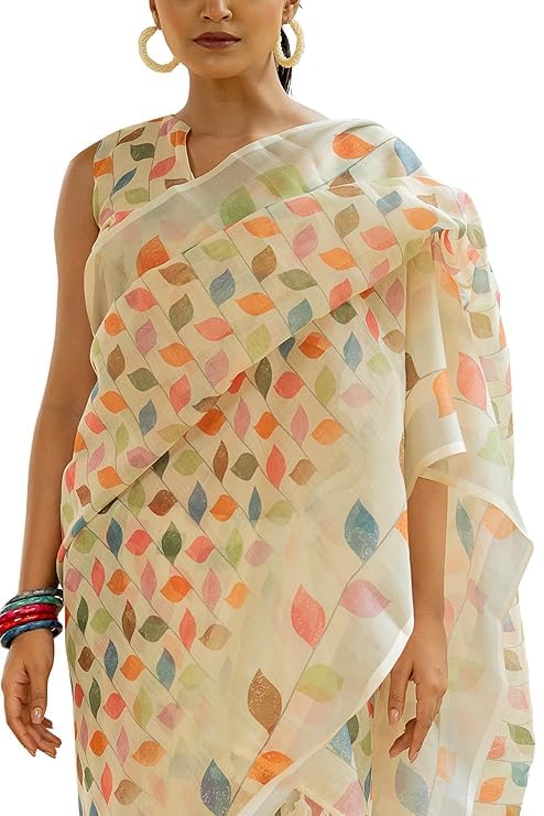 Image of RAJESHWAR FASHION WITH RF Soft Linan Cotton Summer collection rose digital print Traditional look saree beige
