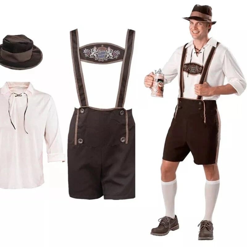Perkin Traditional Bavarian Oktoberfest Costume Set, White and Brown, Cotton Blend, Lederhosen with Suspenders, Embroidered Details, Complete with Shirt and Hat, for Beer Festival (XXL)