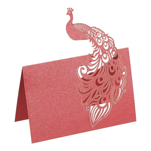 PATIKIL 50 Tarjetas De Lugar Para Bodas Cortadas Con Laser Tarjetas De Mesa Pavo Real Para Decoración De Mesa Banquete De Boda Color Rojo Perlado