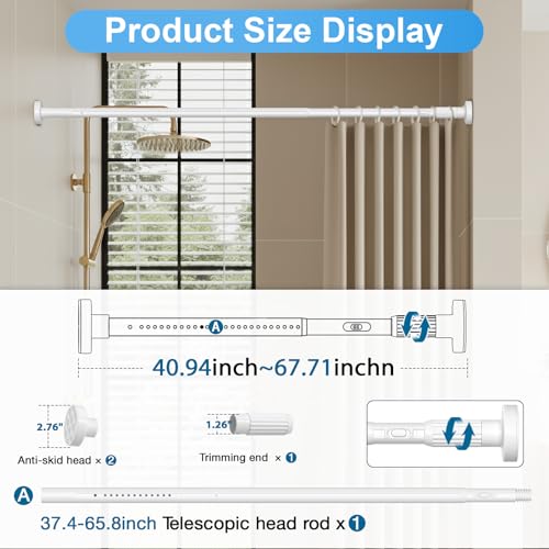 Image of Tension Rod 41-67inch White Tension Curtain Rods no Drilling | 1.26 inch Diameter Outdoor Curtain Rod for Patio,Windows,Anywhere Heavy Duty Spring Rods Adjustable