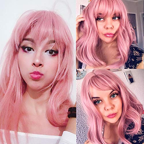 Pink Wig Bob Short bob wigs cosplay Synthetic Wigs With Air Bangs Heat Resistant Fiber Hairpiece Pink Short Wig for Women Cosplay Pastel Wig for Hollween Costume Wigs (Smoke Pink)