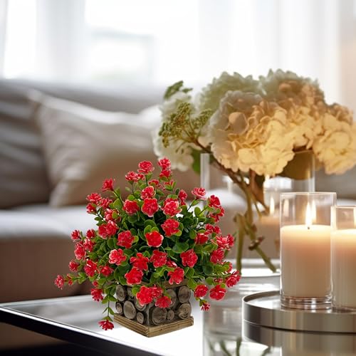 Image of Tdas Artificial Flower Plants Leaves Wooden Potted Eucalyptus Flowers Home Decor Greenery Small Faux with Pot for Indoor Shelf Desk Bathroom Bedroom Office Decoration (Red)