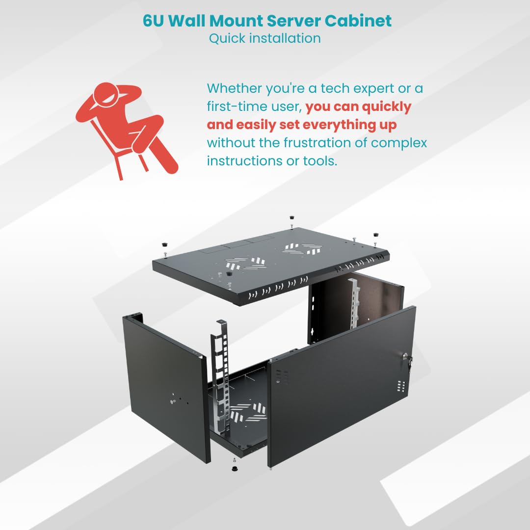 Armadio di Rete 19 Pollici - Armadio Rack 6U - Server Rack per Montaggio a Parete - Capacità di Carico 40 kg - Profondità 350 mm - Rack 19 Pollici - Nero