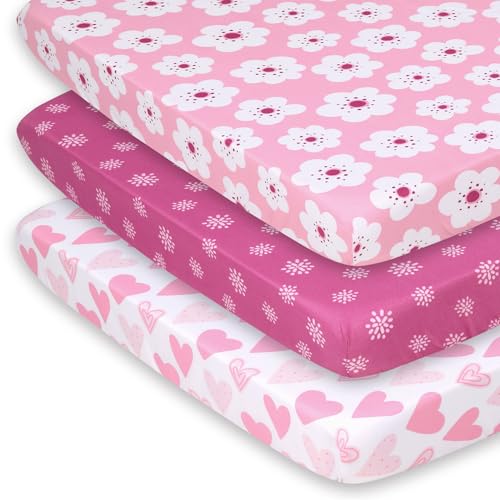 Image of The Peanutshell Mini Crib Fitted Sheets Set for Girls, Playard, Pack Play Sheets, Playpen, Pink Floral Hearts