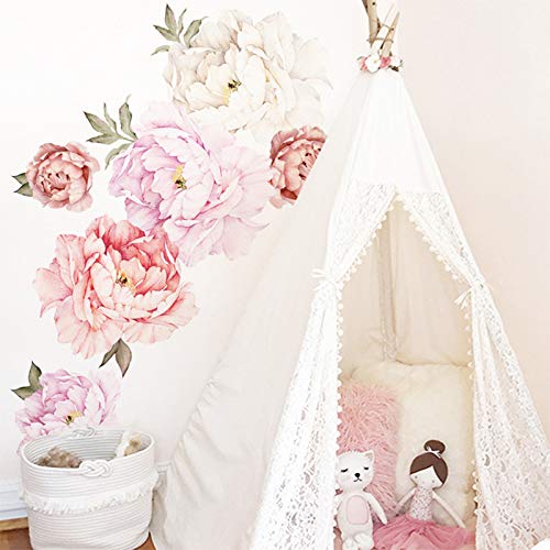 Peonies Flowers Wall Decals Watercolor Elegant Floral Wall Stickers for Girls Room, Blossom Peony Flowers Wall Posters Vinyl Floral Wallpaper for Bedroom Living Room