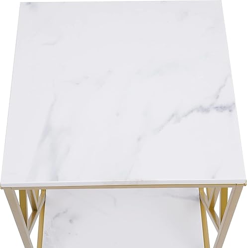 Miniatura 7 de Mesa auxiliar auxiliar cuadrada de mármol con metal e 2 niveles, mesa auxiliar blanca moderna de 16 pulgadas, bandeja de café para sala de estar,