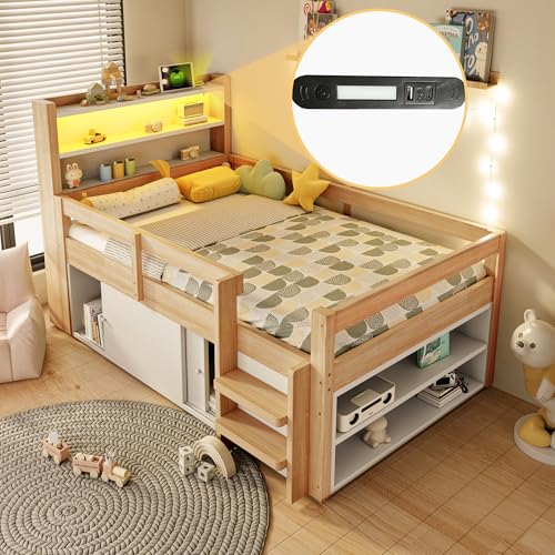 Cama individual con puertos USB y luces LED integradas en madera 4