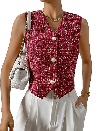 WDIRARA Women's Asymmetrical Hem Button Front Crop Blazer Sleeveless V Neck Blazer Vest