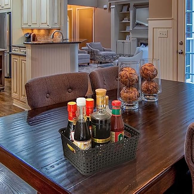 Black Plastic Woven Storage Baskets, 6-Pack Weave Basket Organizer for Kitchen Office Bathroom