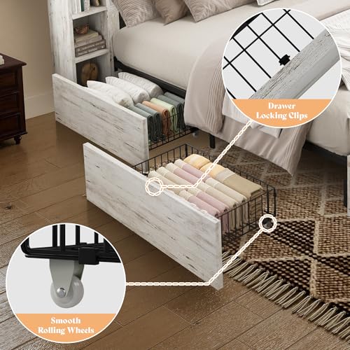 Image of AMERLIFE 45'' Farmhouse King Bed Frame with 4 Drawers, LED Bed Frame with Bookcase Headboard & Side Shelves, Wood Platform Bed with Charging Station, White