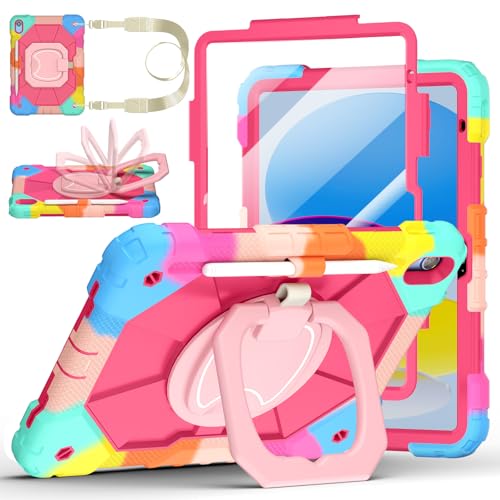 Image of Case for iPad (A16) 11th Generation 11 Inch 2025, Ubearkk for iPad 10th Generation 10.9 inch 2022 case with Screen Protector 360 Degree Rotating Stand Shoulder Strap Pencil Holder, Colorful Pink